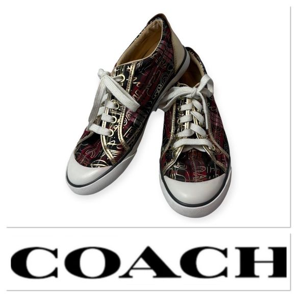 Coach Shoes - 🆕 Coach Barrett plaid graffiti logo gold and burgundy sneakers size 7